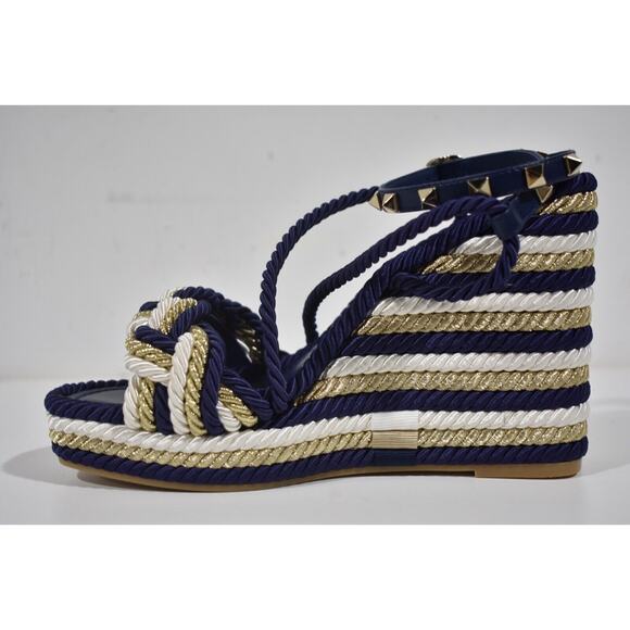 Valentino Rockstud Torchon Blue Stripe Cord Rope Wedge Ankle Strap Sandal 42 - Picture 9 of 12